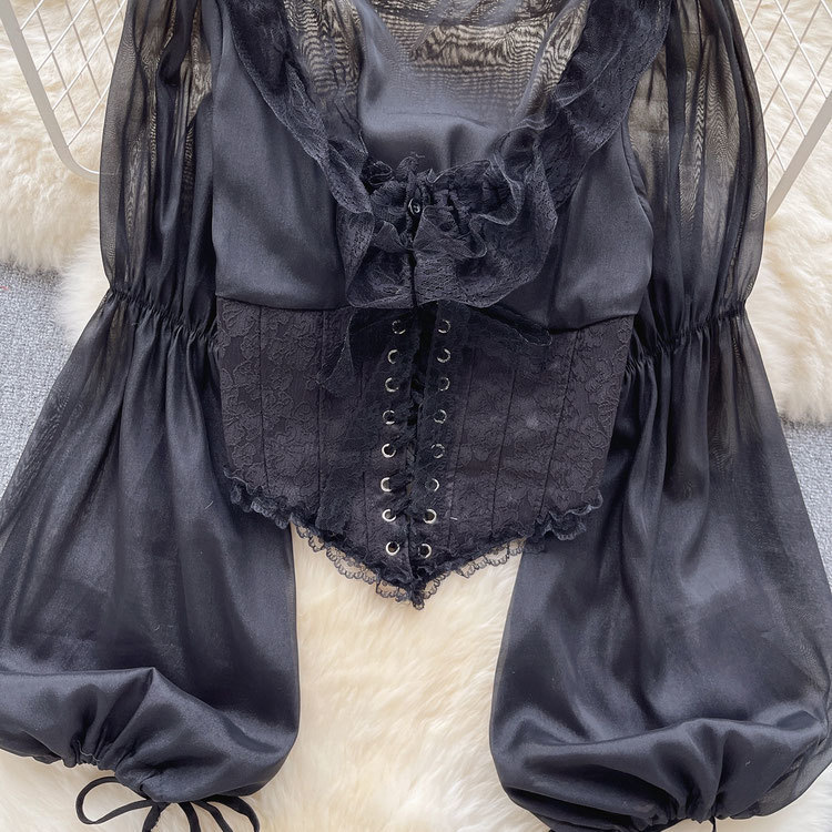 French court-style lantern long-sleeved shirt for women, fashionable high-end chiffon shirt, sweet lace patchwork mesh top, trendy pic 8