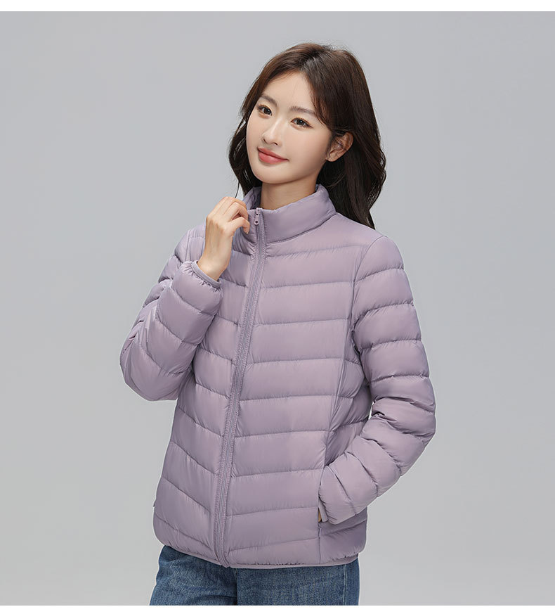 A light and thin down jacket for women in the autumn and winter of 2025, a short 90mm white duck down winter stand-up collar, a slimming casual coat trend pic 12