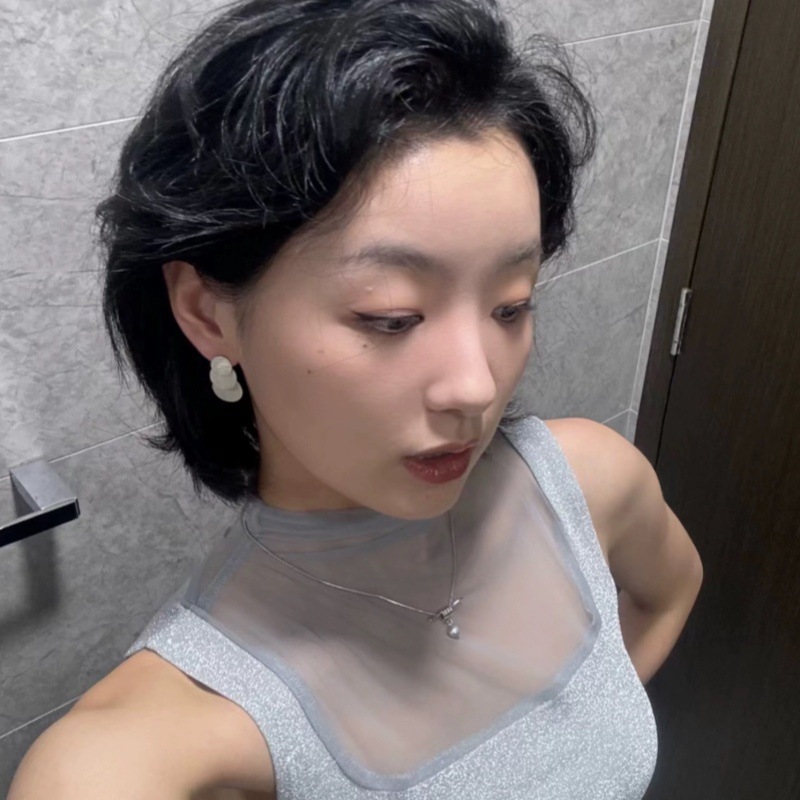 泰国小众文艺复古三层圆片拉丝耳环S925银针几何圆形叠片简约耳钉详情4