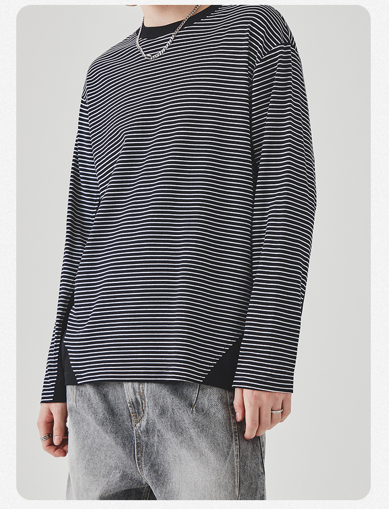 APO男装|撞色条纹长袖T恤男士春秋季潮牌宽松圆领内搭上衣打底衫详情22