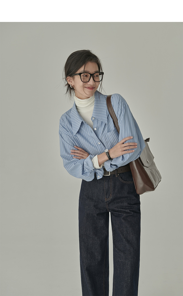 春秋季新款复古港风蓝色条纹衬衫女宽松显瘦通勤叠穿设计感衬衣潮详情8