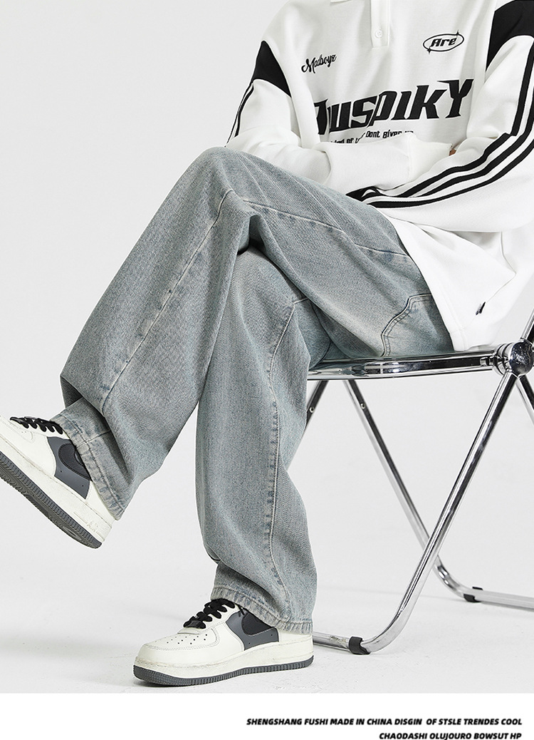 复古水洗牛仔裤男生春秋季潮牌vibe宽松直筒裤子高街阔腿休闲长裤详情14