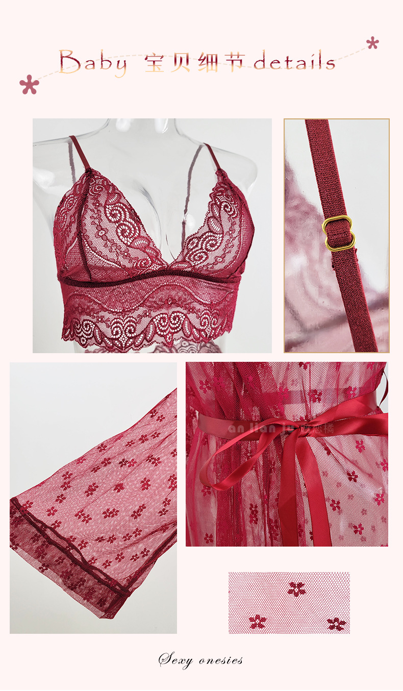 Cross-border foreign trade independent station Sexy mesh see-through pajamas four-piece set Long outer robe bra underwear set 9076 pic 8