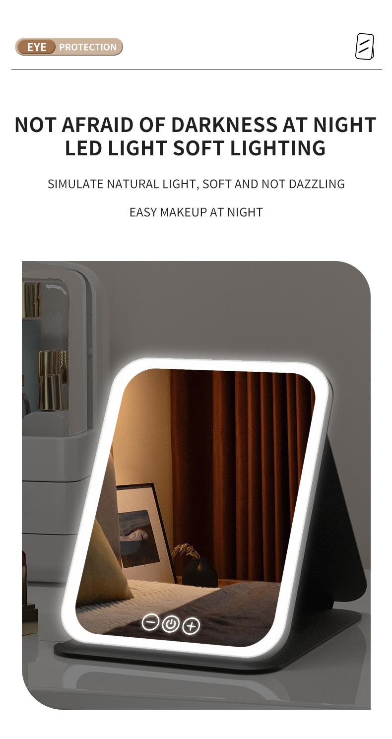 跨境爆款led化妆镜随身便携可折叠带灯充电梳妆镜桌面补光皮壳镜详情6