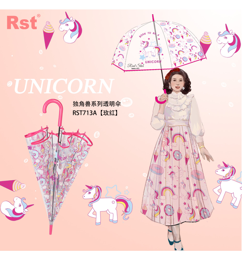 星宝伞可爱独角兽卡通图案透明伞成人阿波罗雨伞现货批发外贸货源详情16