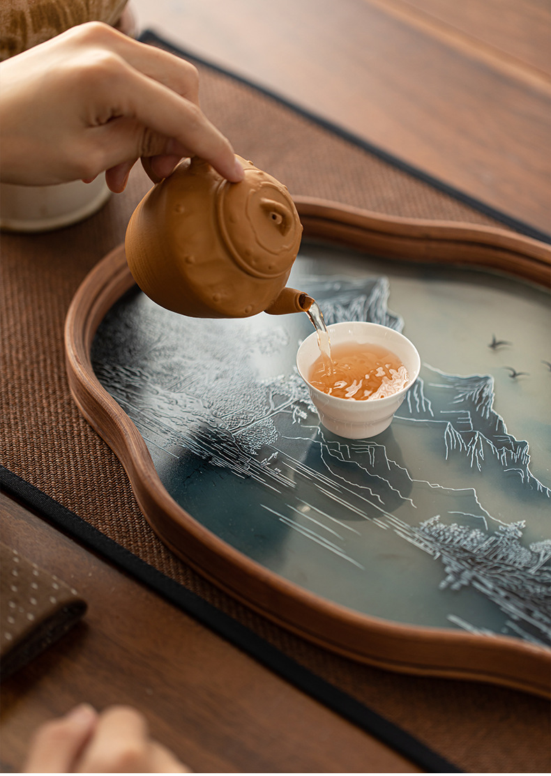 国潮山水玻璃托盘壶承茶盘家用新中式复古山水水墨风海棠花型详情10