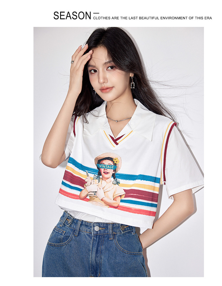 G9068假两件衬衫女装2024夏女孩印花彩绘韩版设计感别致短袖上衣详情8
