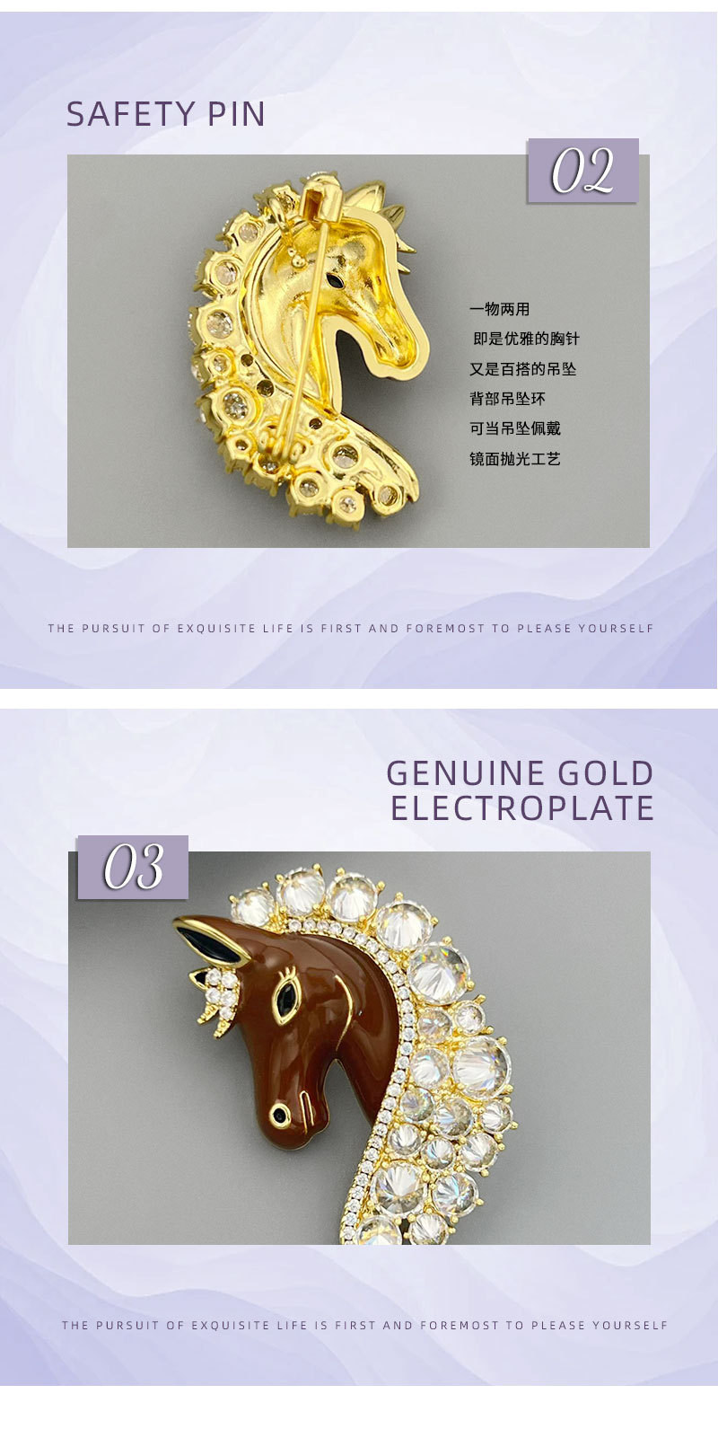 Original design: Good Luck Horse Head brooch, copper inlaid with zircon, real gold electroplated with oil, exquisite brooch, suitable for both men and women pic 12