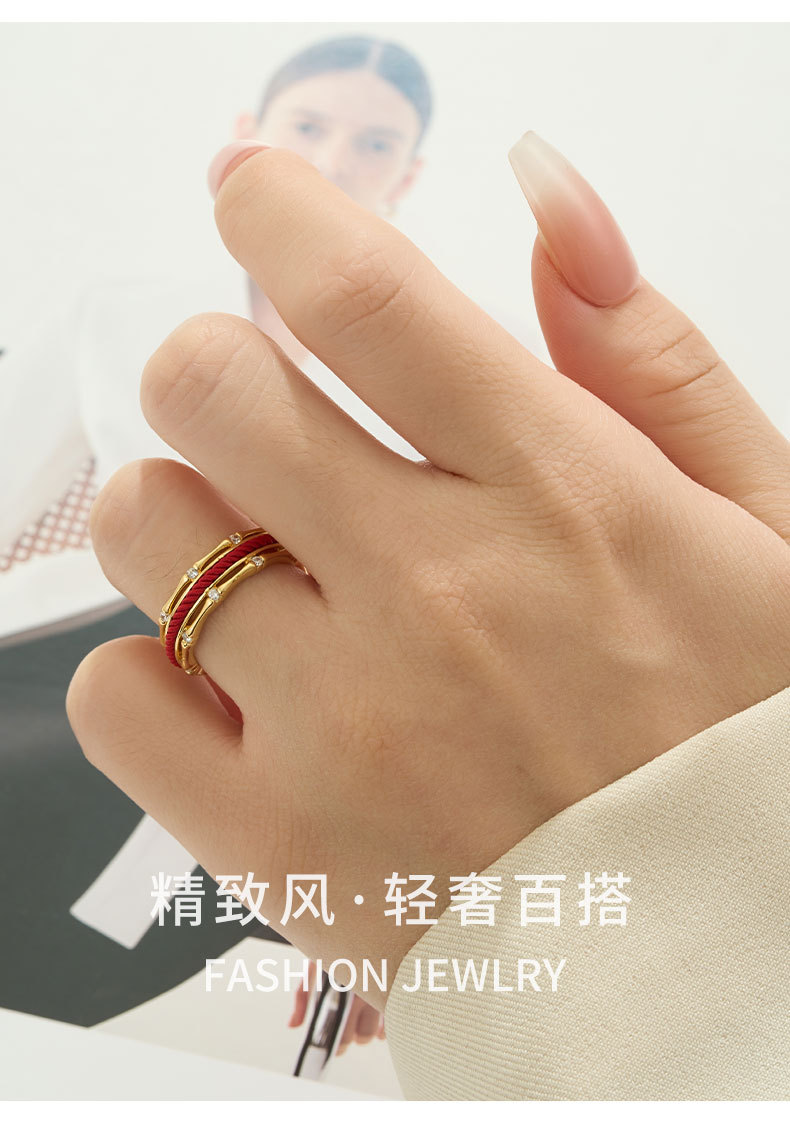 Light luxury Chinese-style red string bamboo joint open ring, copper alloy real gold electroplated with zircon, adjustable index finger ring pic 7