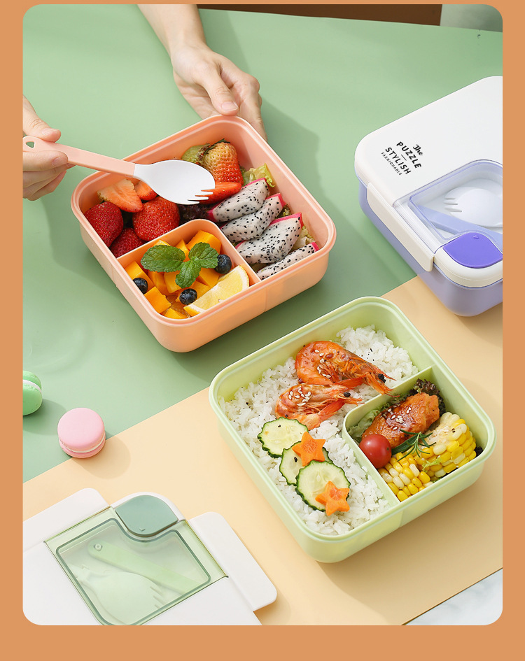 Student and office worker lunch box, plastic compartments, square, portable lunch box with tableware, microwave bento box pic 5