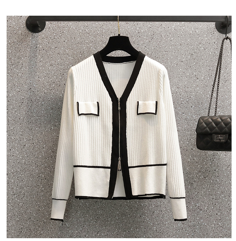 A 200-pound large-sized chanel-style knitted cardigan for early autumn, a V-neck double zipper loose, waist-cinching and slimming base layer for women pic 11