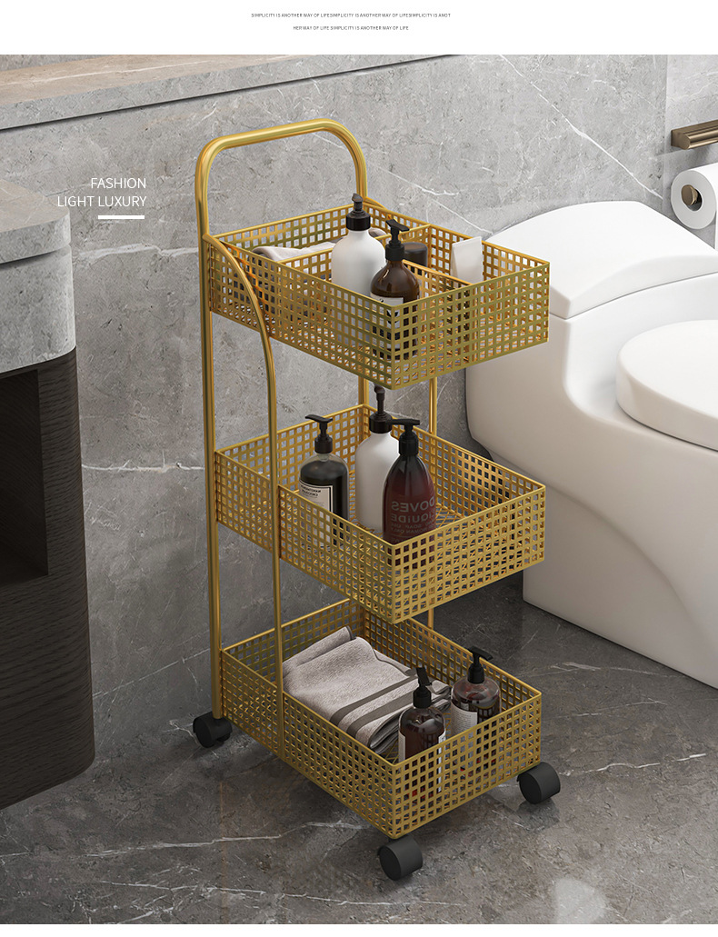 Nordic ironwork shelving, bedroom and kitchen metal Internet celebrity, movable bathroom storage rack, ins wheeled trolley pic 10