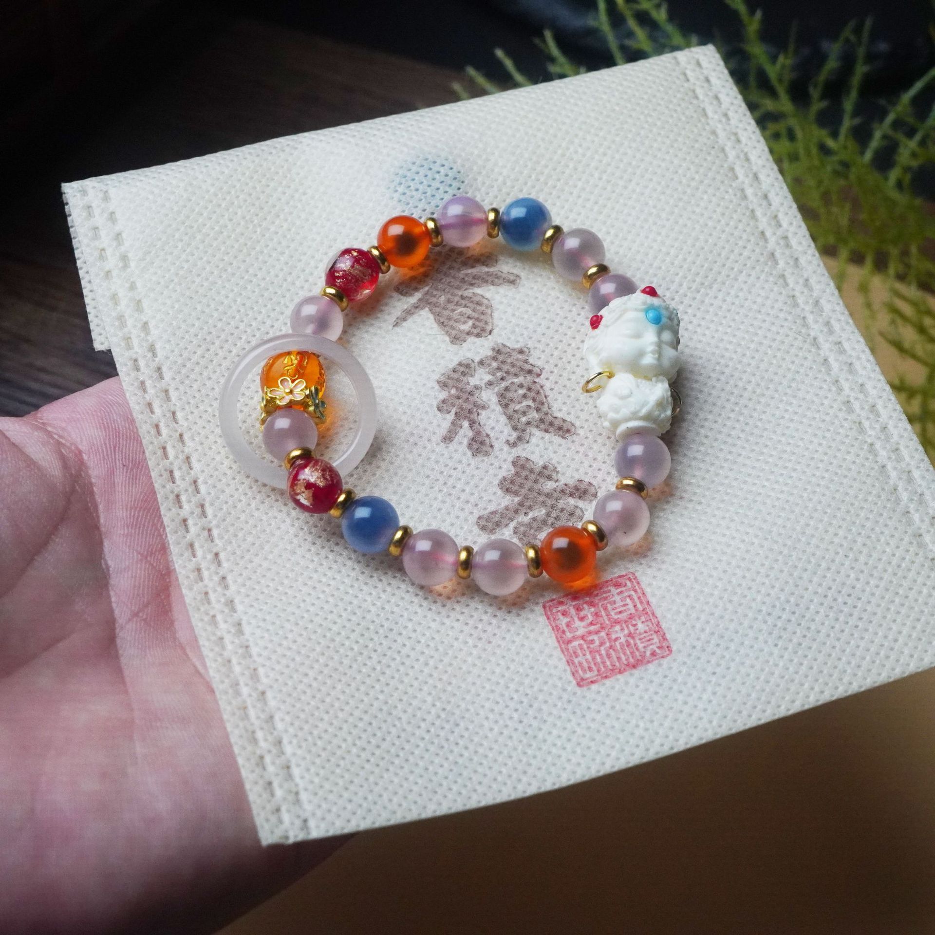 寺庙同款半糖玛瑙白度母手链串珠女金箔古法琉璃手串文玩饰品配饰详情2
