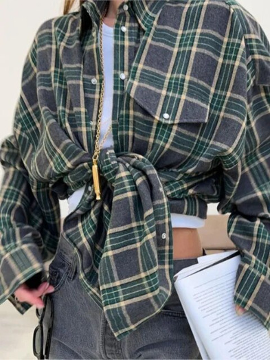 亚马逊跨境复古风百搭翻领宽松衬衣2024春秋格纹长袖口袋女式衬衫详情16