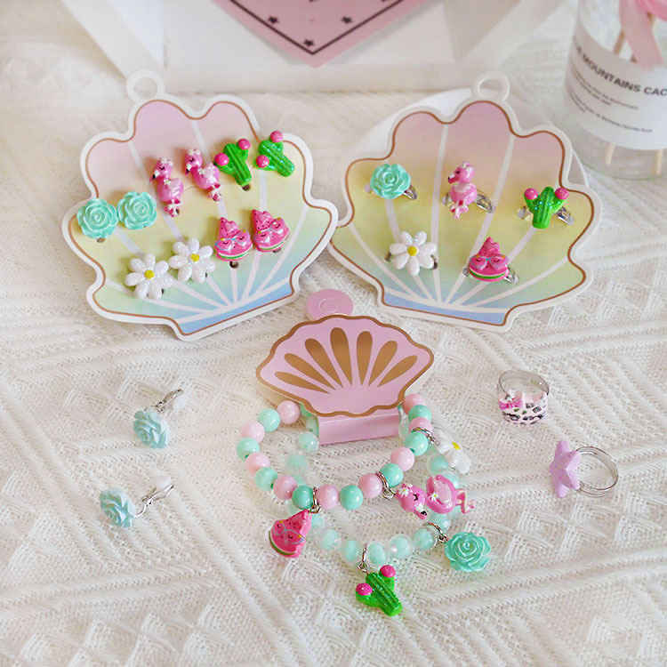 欧美外贸新款儿童首饰卡通火烈鸟冰淇淋星星蝴蝶结手链戒指耳夹详情26