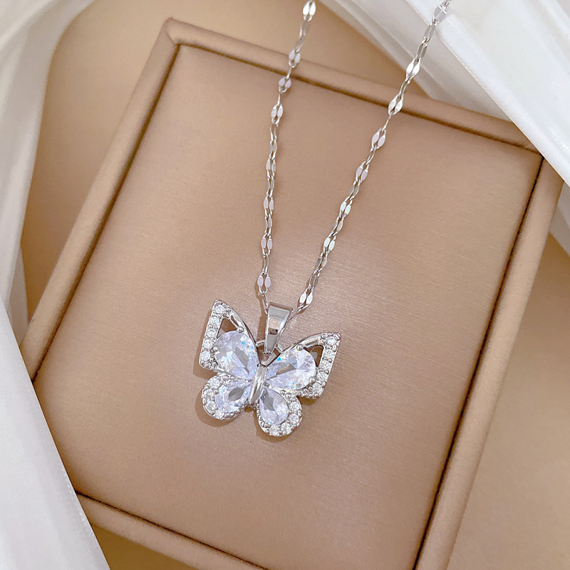 【钛钢】锆石蝴蝶项链耳环套装轻奢微镶个性气质宴会耳饰项饰组合详情21