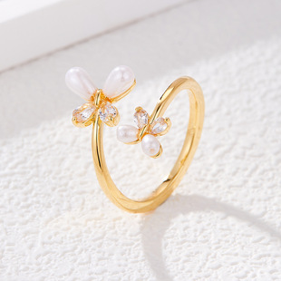 A light luxury and high-end lace-trimmed butterfly pearl open ring, copper alloy inlaid with zircon, adjustable index finger ring pic 4