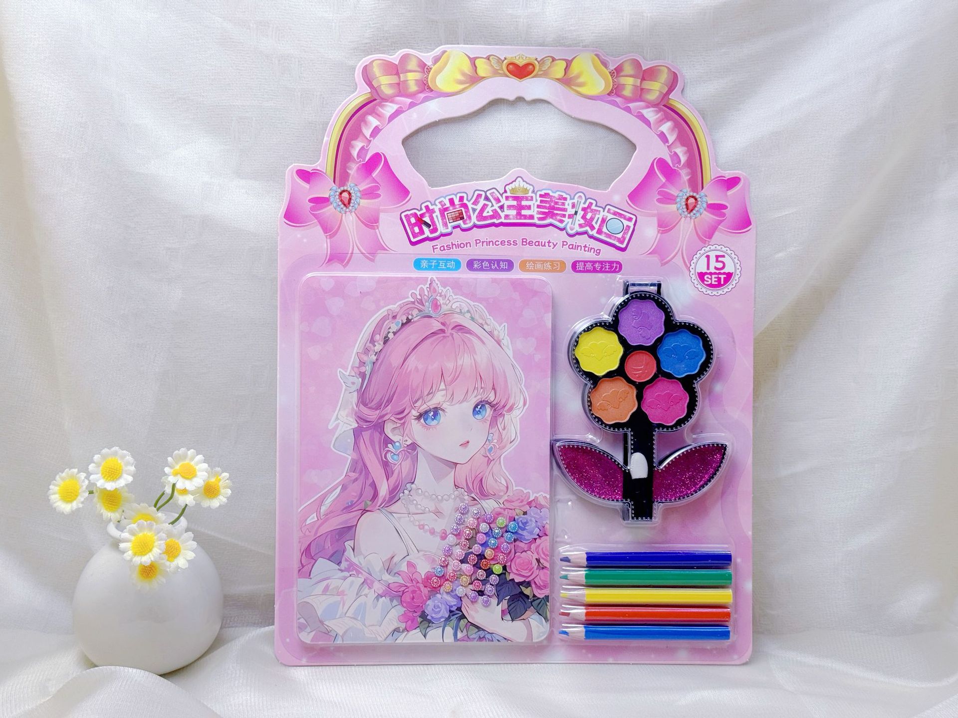 批发儿童彩妆贴画DIY填色涂鸦化妆贴画彩画彩铅钻贴6只笔一卡4张详情9