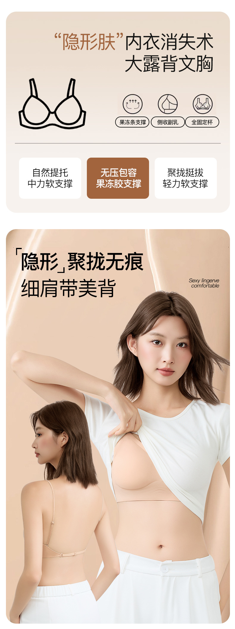 无痕粉底液隐形内衣女小胸聚拢大露背U型交叉挂脖美背吊带文胸罩详情1