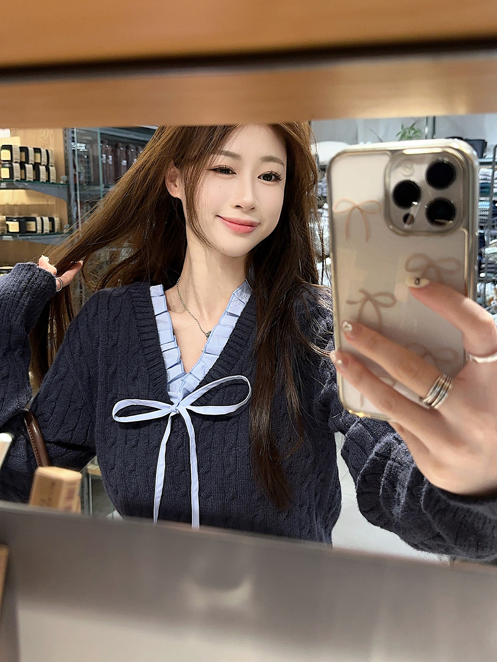 韩系学院风设计感假两件长袖毛衣针织衫女冬季蓝色温柔风修身上衣详情13