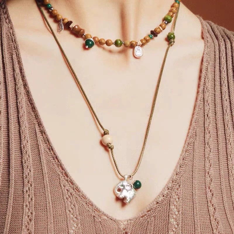 SWAH*图腾小象项链 董洁同款手工编绳小众复古高级串珠小象毛衣链详情7