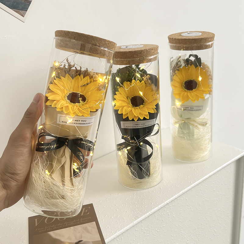 教师节花束玻璃瓶太阳花摆件香皂花七夕节礼物向日葵花送老师跨境详情1