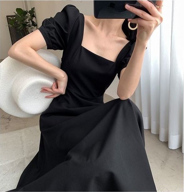 连衣裙2024夏新款ins茶歇裙气质一字领过膝长款赫本风胖mm小黑裙详情8