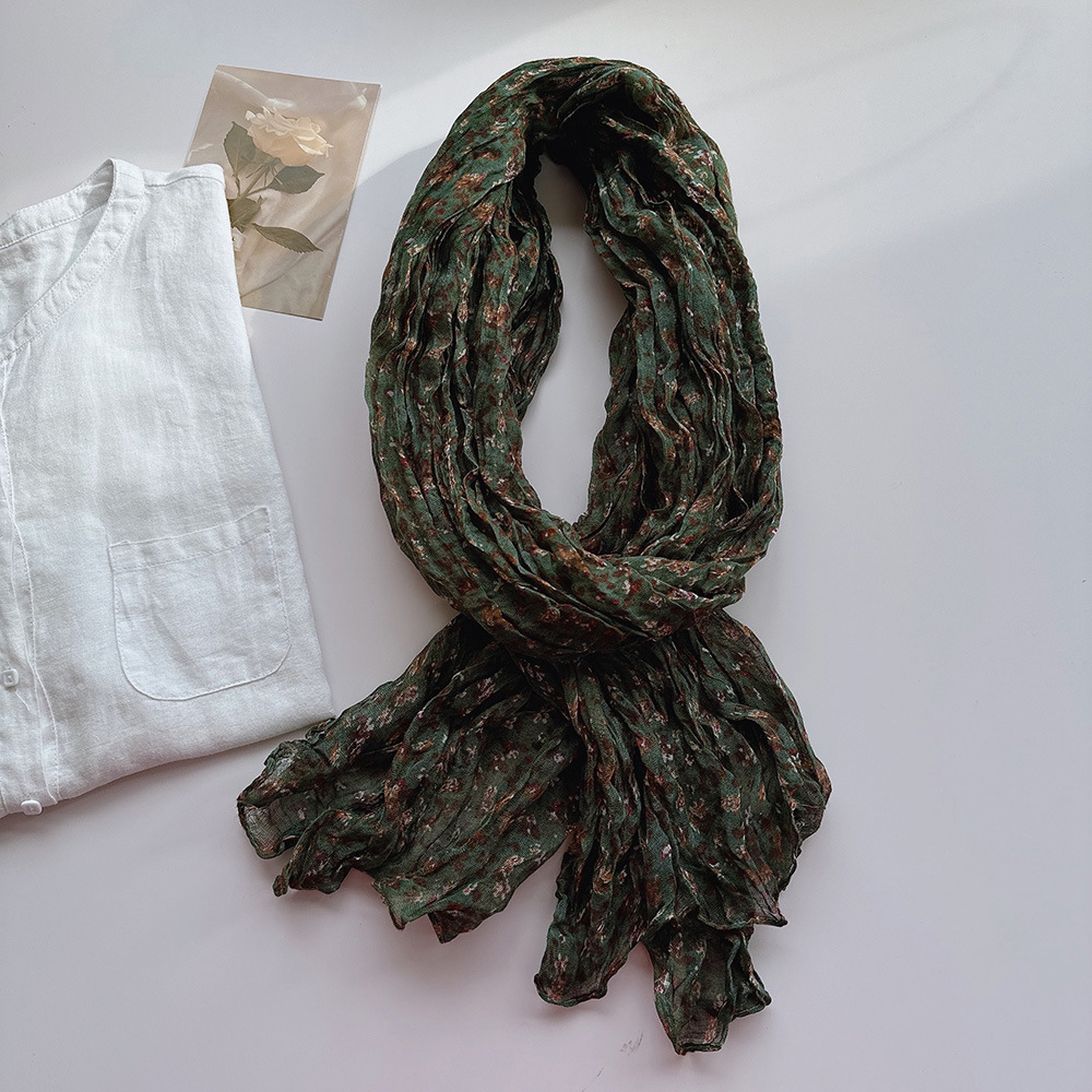 文艺褶皱碎花棉麻围巾女四季柔软复古百搭保暖披肩空调房护脖围巾详情5