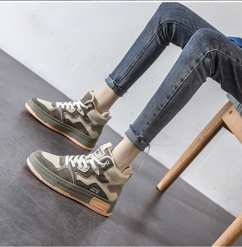 真皮高帮鞋女秋冬厚底拼色板鞋2025新款加绒休闲ins风运动鞋子女详情9