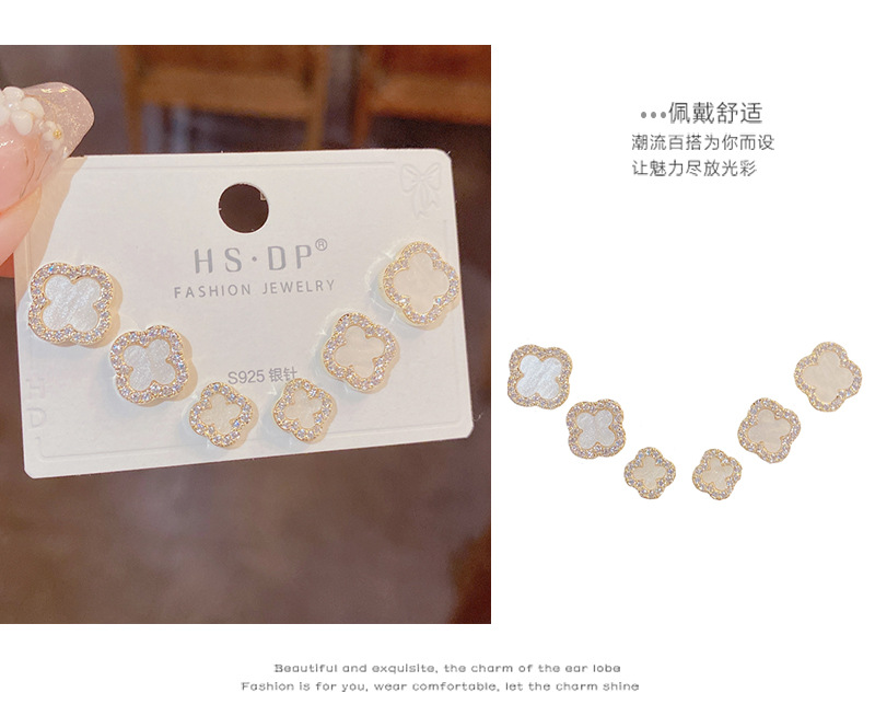 s925银针微镶锆石四叶花三件套耳钉女气质时尚简约小巧耳环耳饰女详情3