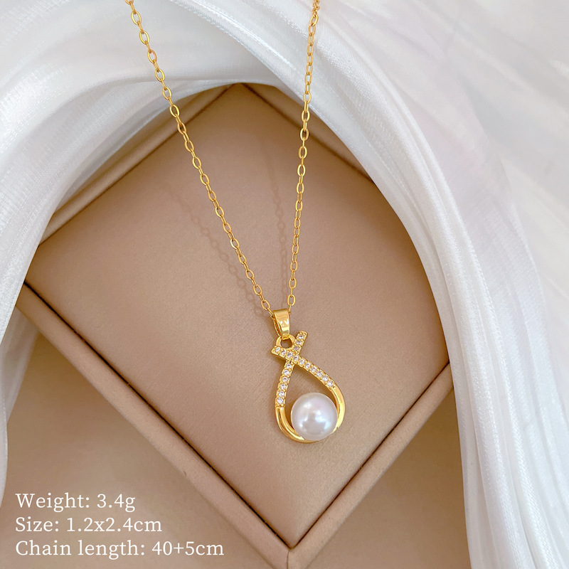 【钛钢】项链耳环套装轻奢满钻交叉珍珠个性气质宴会耳饰项饰组详情2