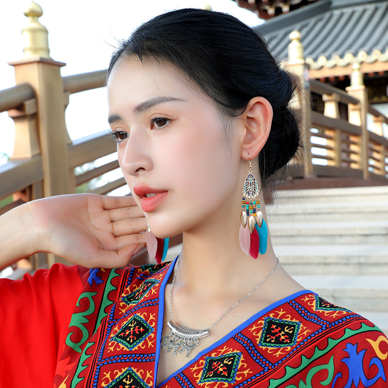 水滴流苏羽毛耳环女长款波西米亚米珠欧美耳饰民族风旅游度假配饰详情2