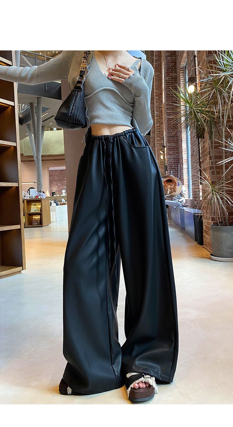 黑色皮裤阔腿裤女2025秋冬新款哑光PU皮休闲裤宽松显瘦直筒拖地裤详情12