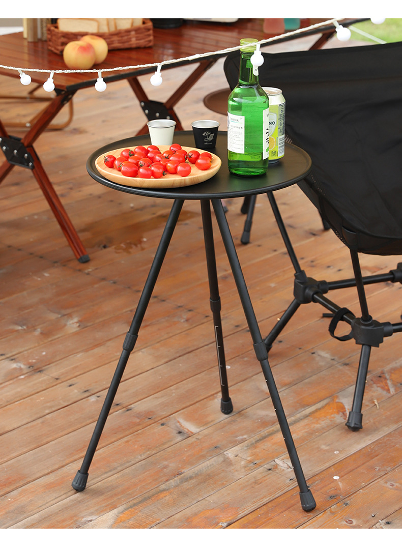 Outdoor triangular folding table, portable and easy to store, round table, small adjustable camping table, tripod, stainless steel pic 15