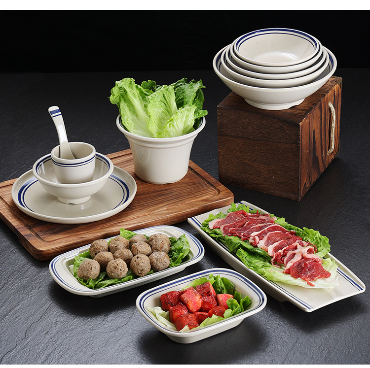 特色复古密胺火锅店餐具蓝线怀旧市井重庆火锅配菜盘创意饭店专用详情17