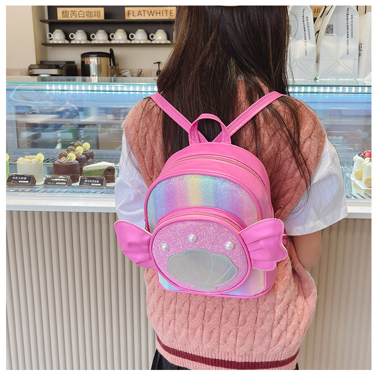 Rainbow gradient sequin backpack, pearl shell pattern, pink bow, outdoor hiking canvas schoolbag, lightweight and durable pic 31