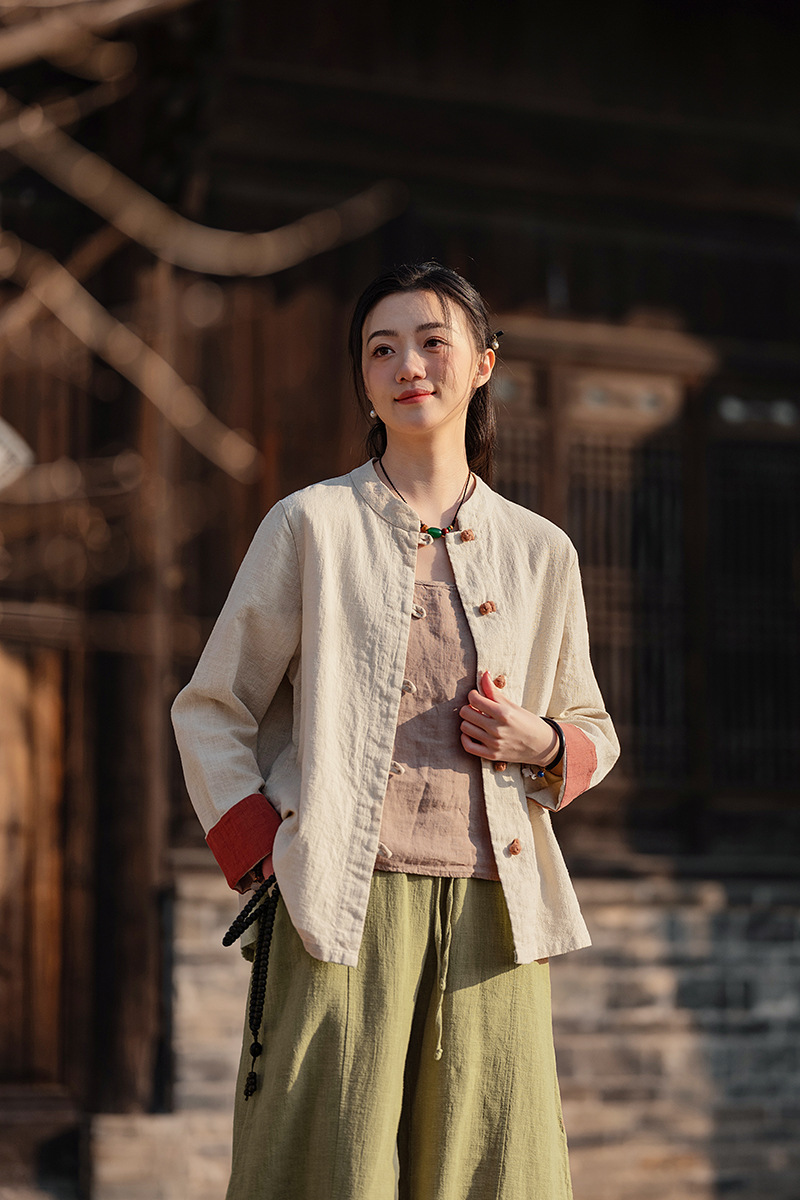 国潮中式棉麻女装拼色盘扣衬衫复古亚麻上衣茶服女禅意中山装国风开衫详情26