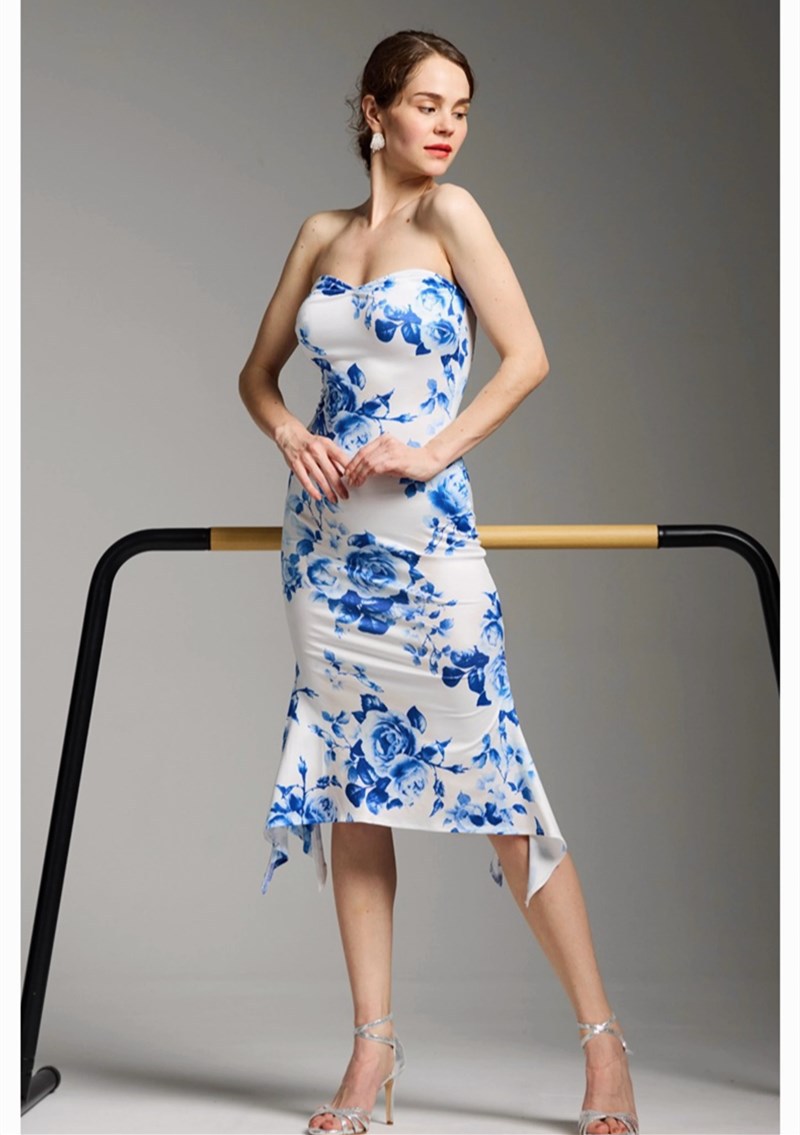 New Chinese-style slimming off-the-shoulder printed dress, blue and white porcelain body-hugging fishtail dress, sexy slit dance dress for socialite pic 9
