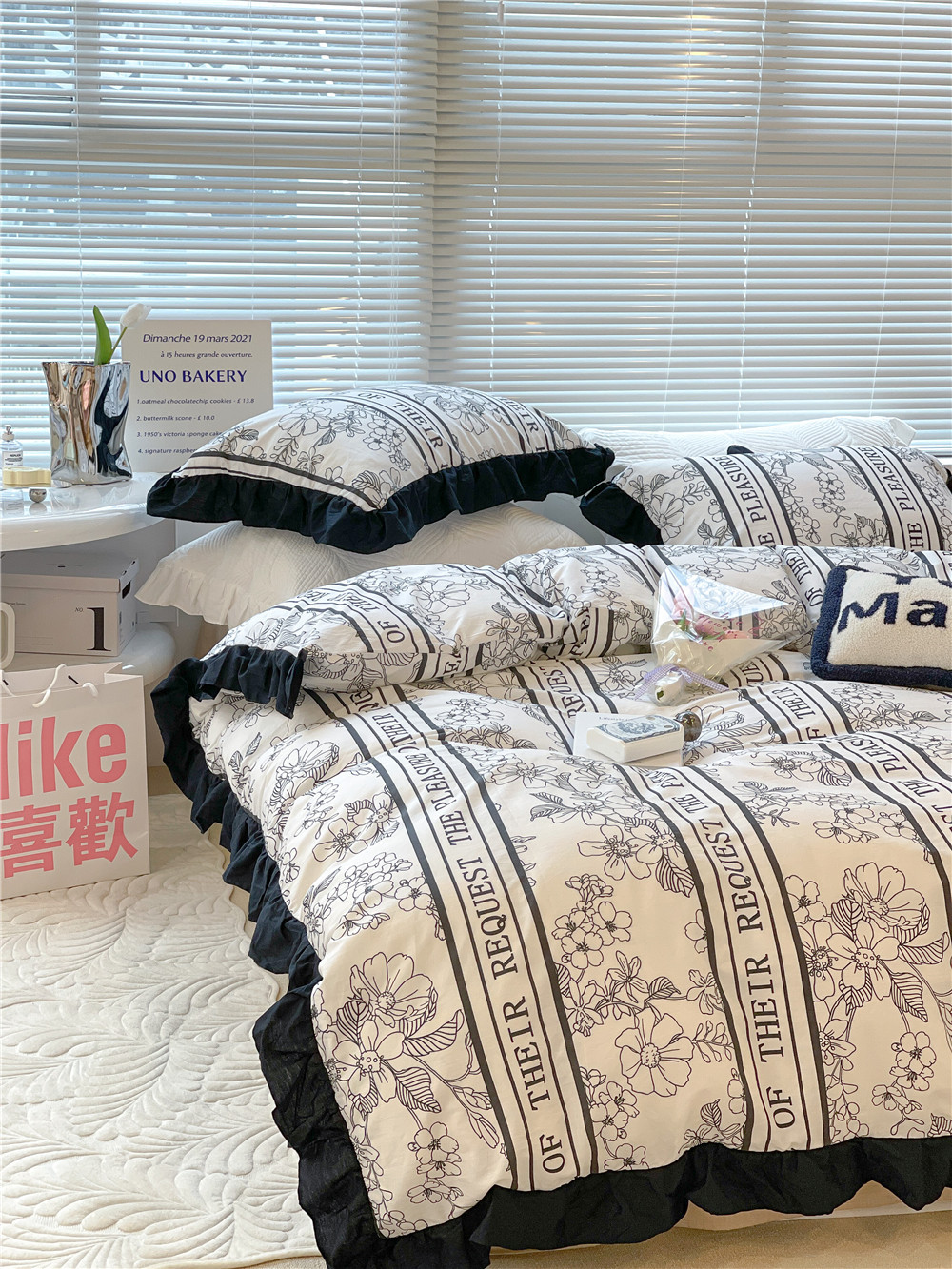 French Hepburn style pure cotton four-piece set, high-end feel, pure cotton black and white sketch flower duvet cover, all-cotton edge bedding pic 63