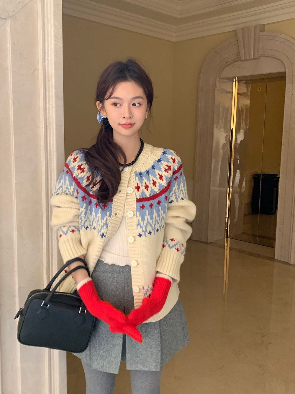 费尔岛复古美式少女撞色波普提花单排扣针织开衫厚实保暖毛衣外套详情73