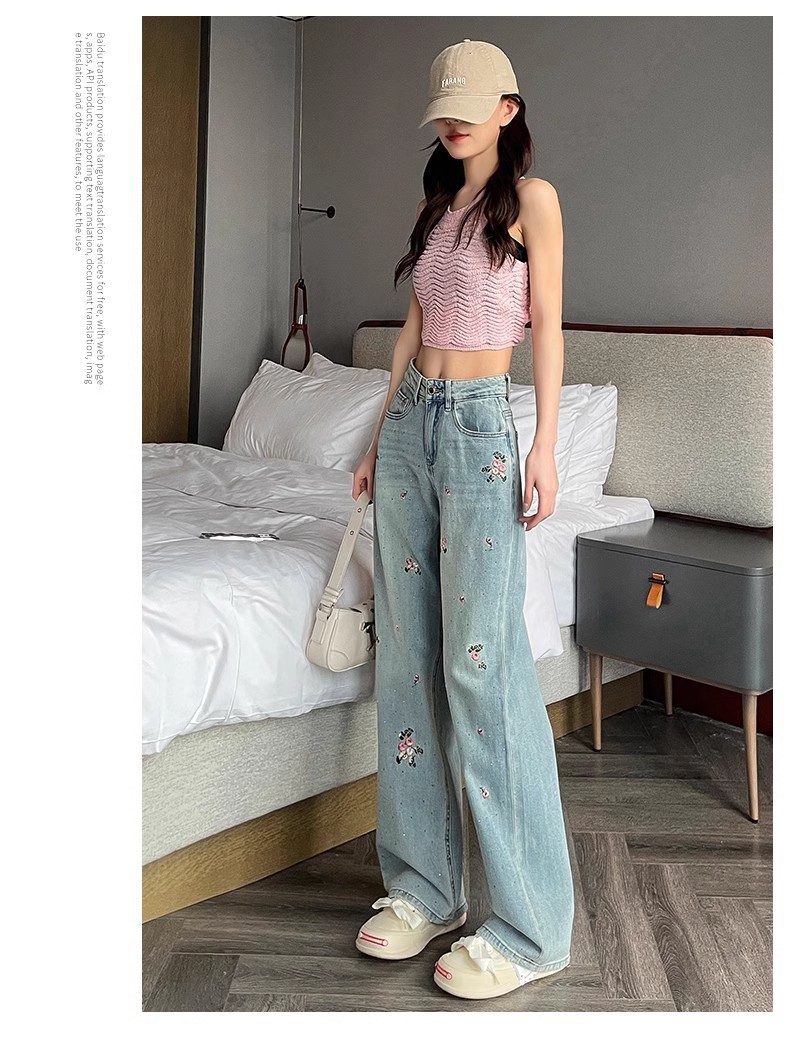 跨境国潮刺绣烫钻阔腿牛仔裤女2025夏宽松绣花设计感窄版拖地裤女详情16