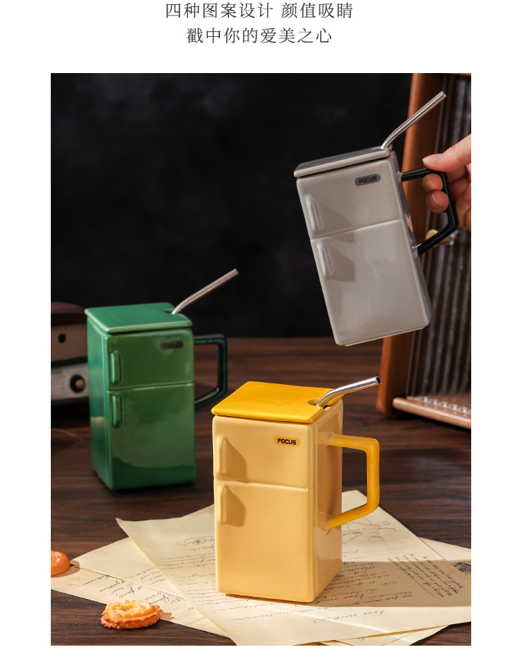 Creativo retro refrigerador con tapa pajita tazas de cerámica extravagante oficina pareja regalo taza de café pic 5