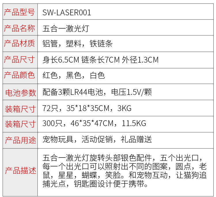 五合一迷你激光笔钥匙扣电子灯 宠物用品多种图案1mw5mw激光功率 猫猫互动玩具 激光指示灯详情2