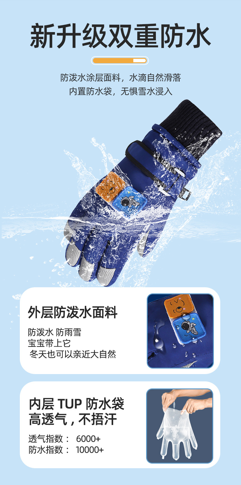 儿童手套男女童冬季滑雪加绒保暖可触屏冬天防风防寒手套跨境详情7