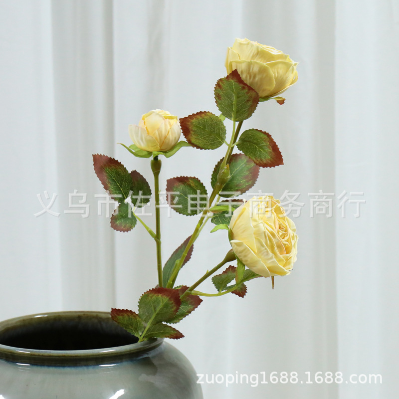 3头烤边玫瑰仿真花家居客厅装饰绢花玫瑰花拍摄道具花橱窗花批发详情4