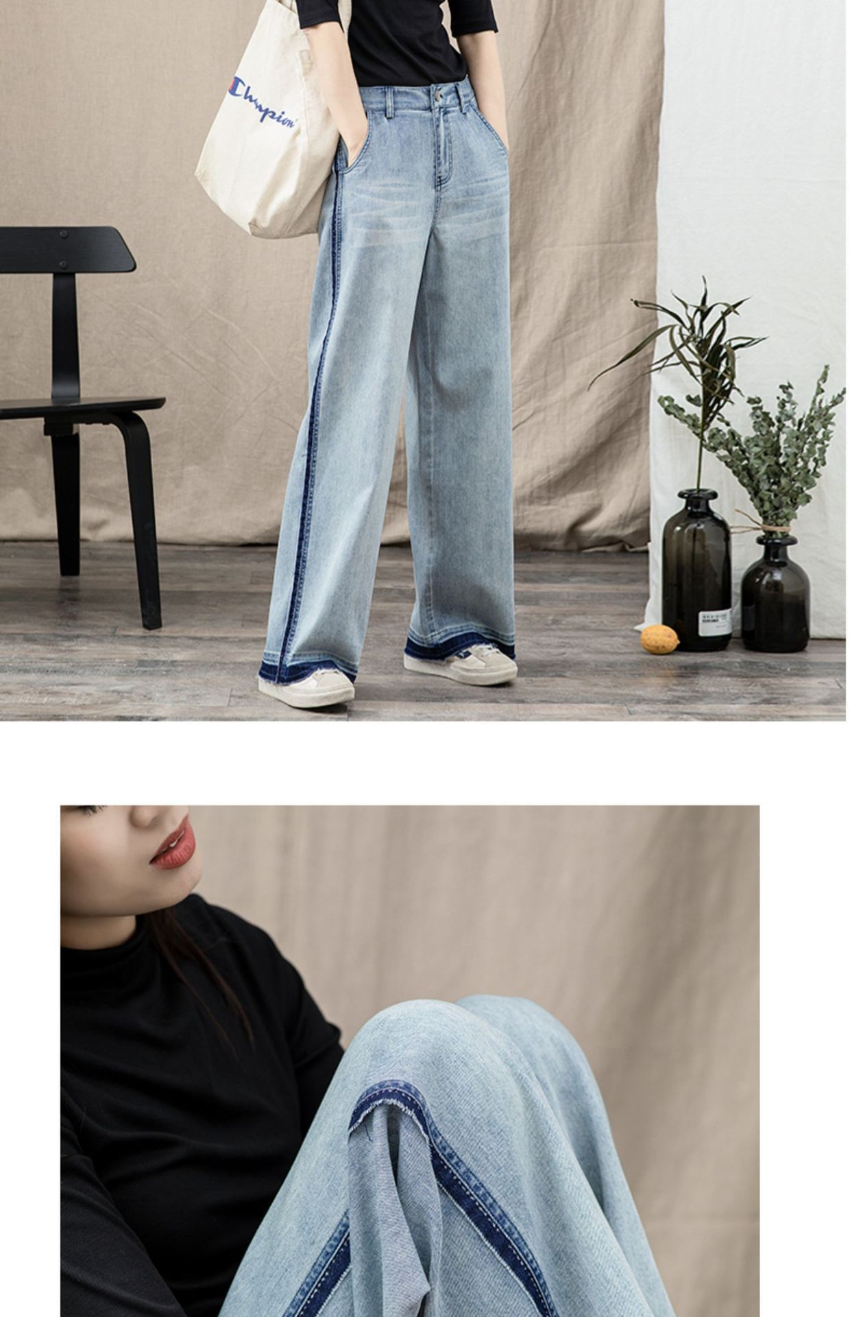 撞色直筒牛仔裤女2025春季新款毛边复古宽松休闲阔腿腿长详情5