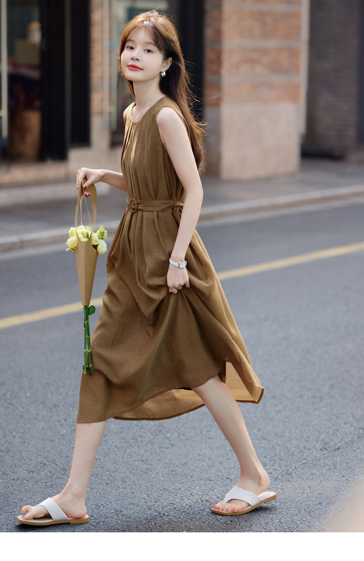 感气场系带收腰连衣裙2025夏季新款圆领A字连衣裙详情23