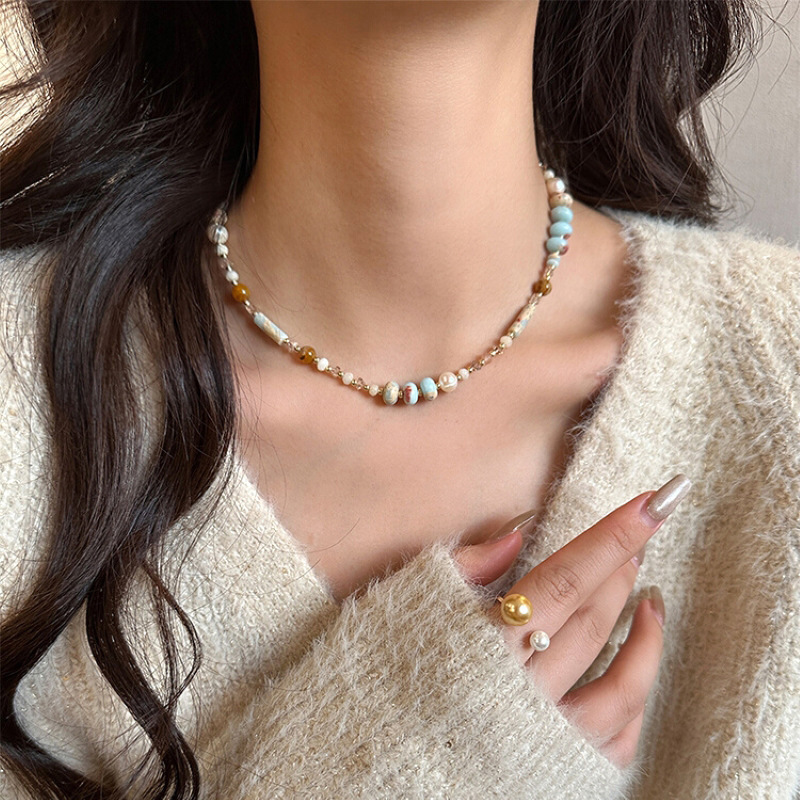 淡水珍珠彩色寿山石手工串珠项链时尚琉璃珠设计感个性颈链锁骨链详情3