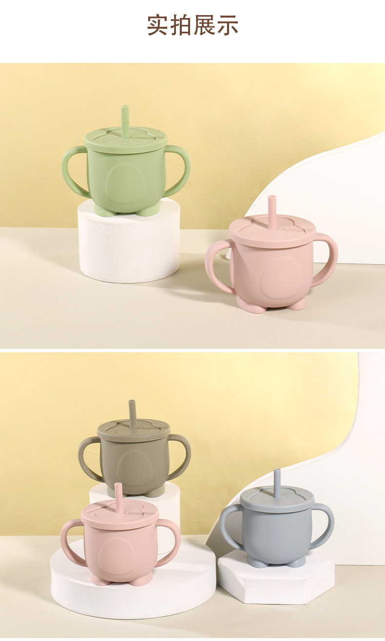 工厂宝宝硅胶双耳吸管杯耐摔耐高温婴儿喂养水杯企鹅款婴幼儿学饮杯餐具详情13