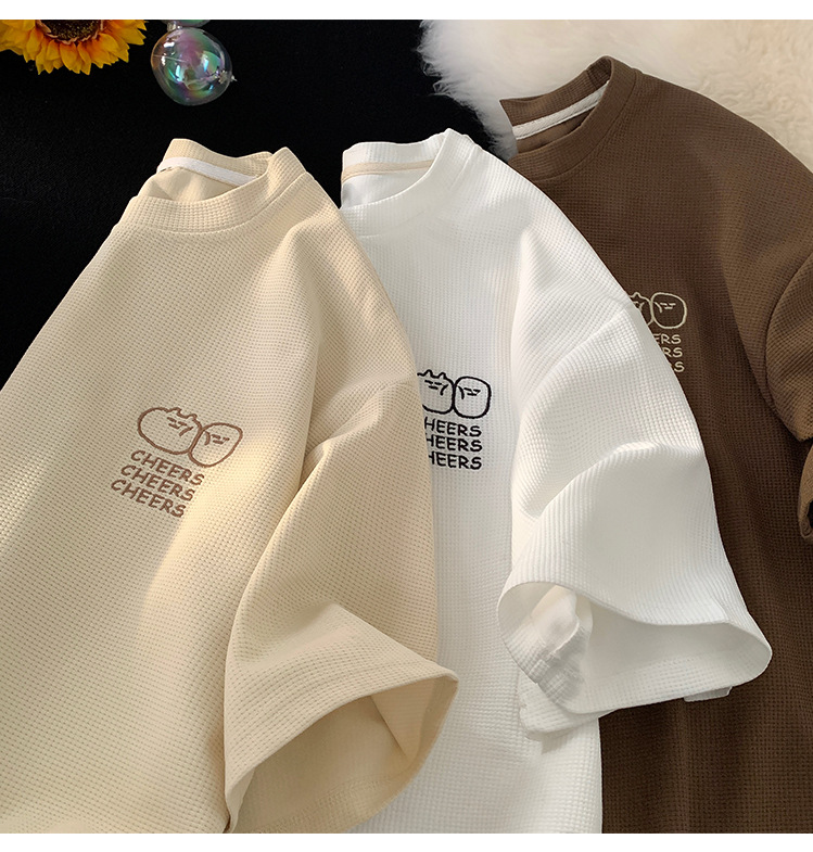 Waffle large-sized short-sleeved T-shirt for men, summer Korean style trendy clothing, printed loose half-sleeved American heavyweight T-shirt pic 24